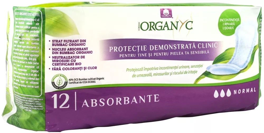 Absorbante normale pentru incontinenta din bumbac organic, 3 picaturi, 12 bucati, Organyc