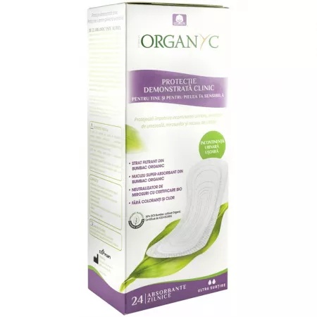 Absorbante pentru incontinenta ultra subtiri, 2 picaturi, 24 bucati, Organyc