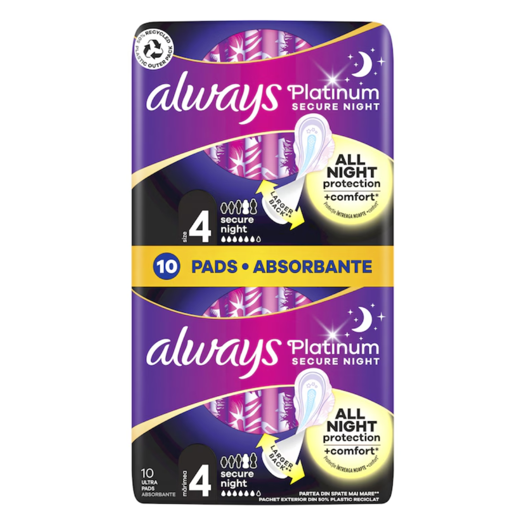 Absorbante Platinum Secure Night Duo Pack, 10 bucati, Always