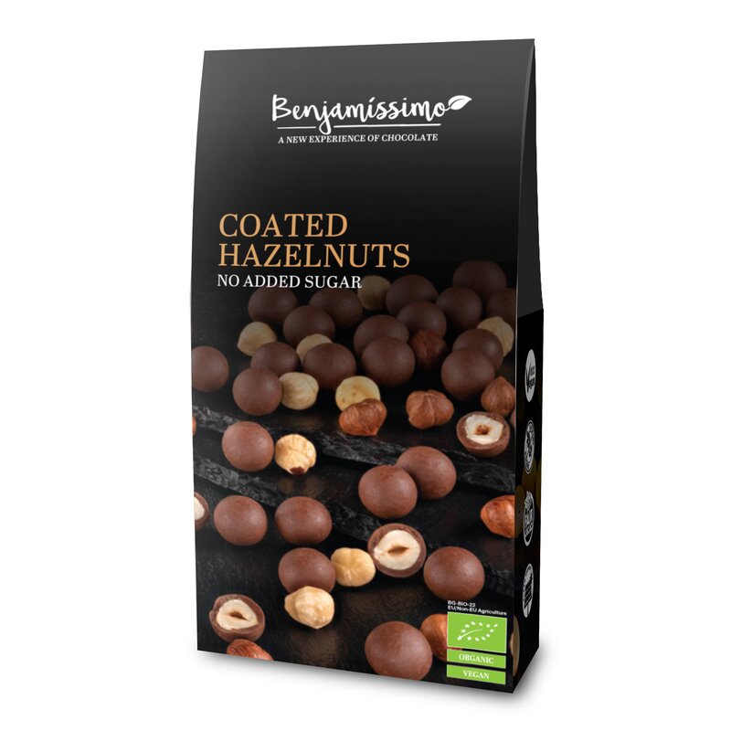 Alune de padure invelite in ciocolata cu praline bio , 60g Benjamissimo