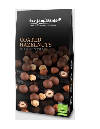 Alune de padure invelite in ciocolata cu praline, bio, 60g, Benjamissimo