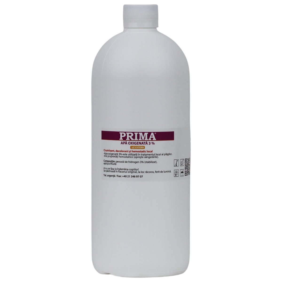 Apa oxigenata (peroxid de hidrogen) 3% PRIMA 1000 ml, antiseptic, hemostatic, pentru rani si igiena orala