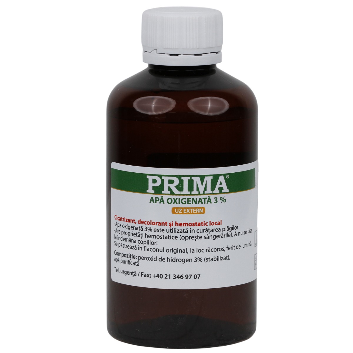 Apa oxigenata (peroxid de hidrogen) 3% PRIMA 200 ml, antiseptic, hemostatic, pentru rani si igiena orala