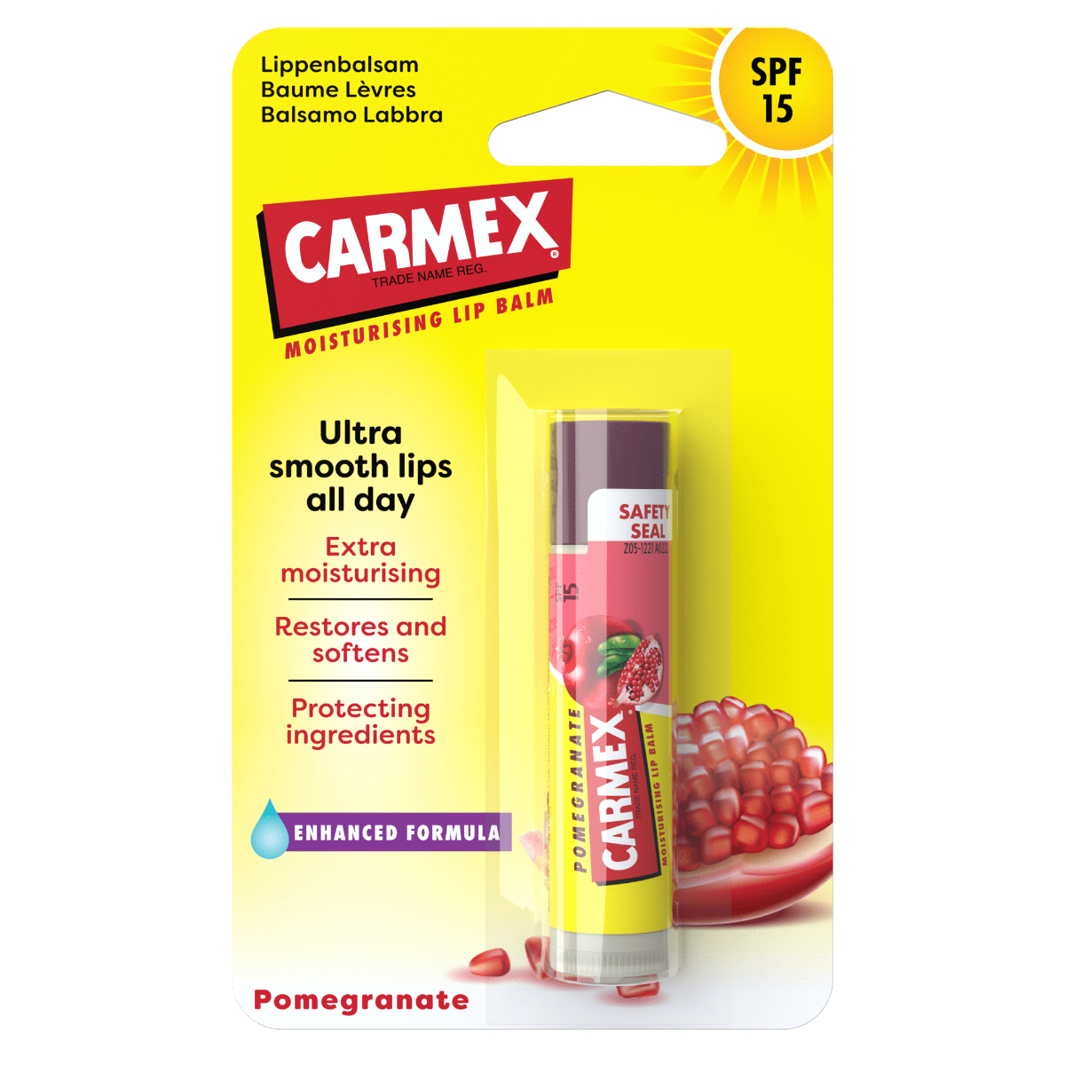 Balsam reparator pentru buze uscate si crapate cu aroma de rodie SPF15, 4.25g, Carmex