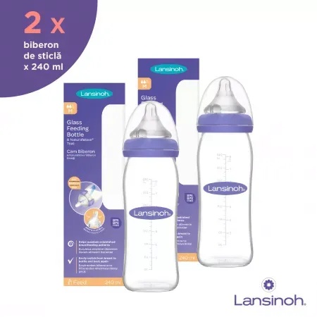 Biberon din sticla cu tetina flux mediu 240ml, pachet promo, 2 bucati, Lansinoh