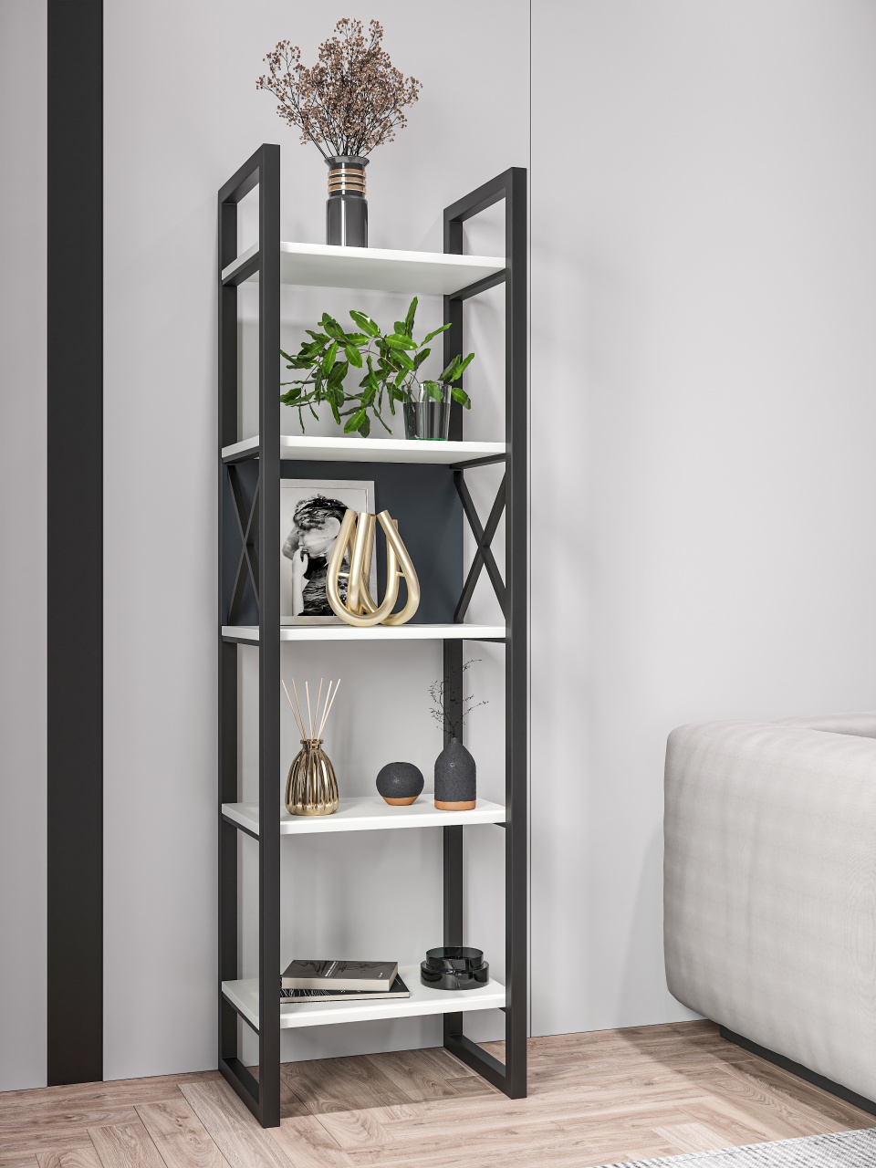 Bibliotecă îngustă, nuanta alb/antracit cu 5 polițe – design modern și elegant - poza 1