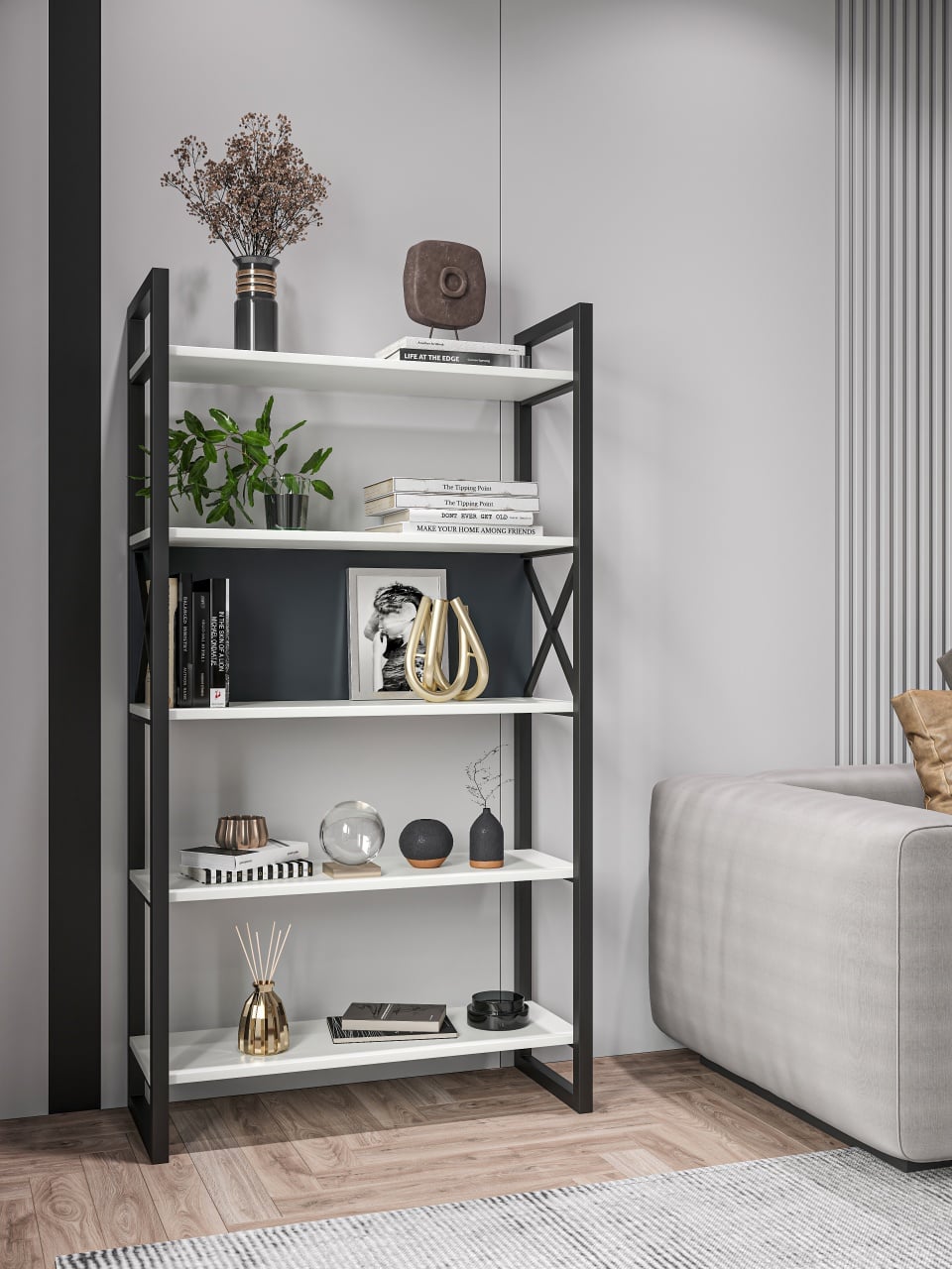 Bibliotecă metalică, culoare alb / antracit cu 4 polițe – design modern - poza 1