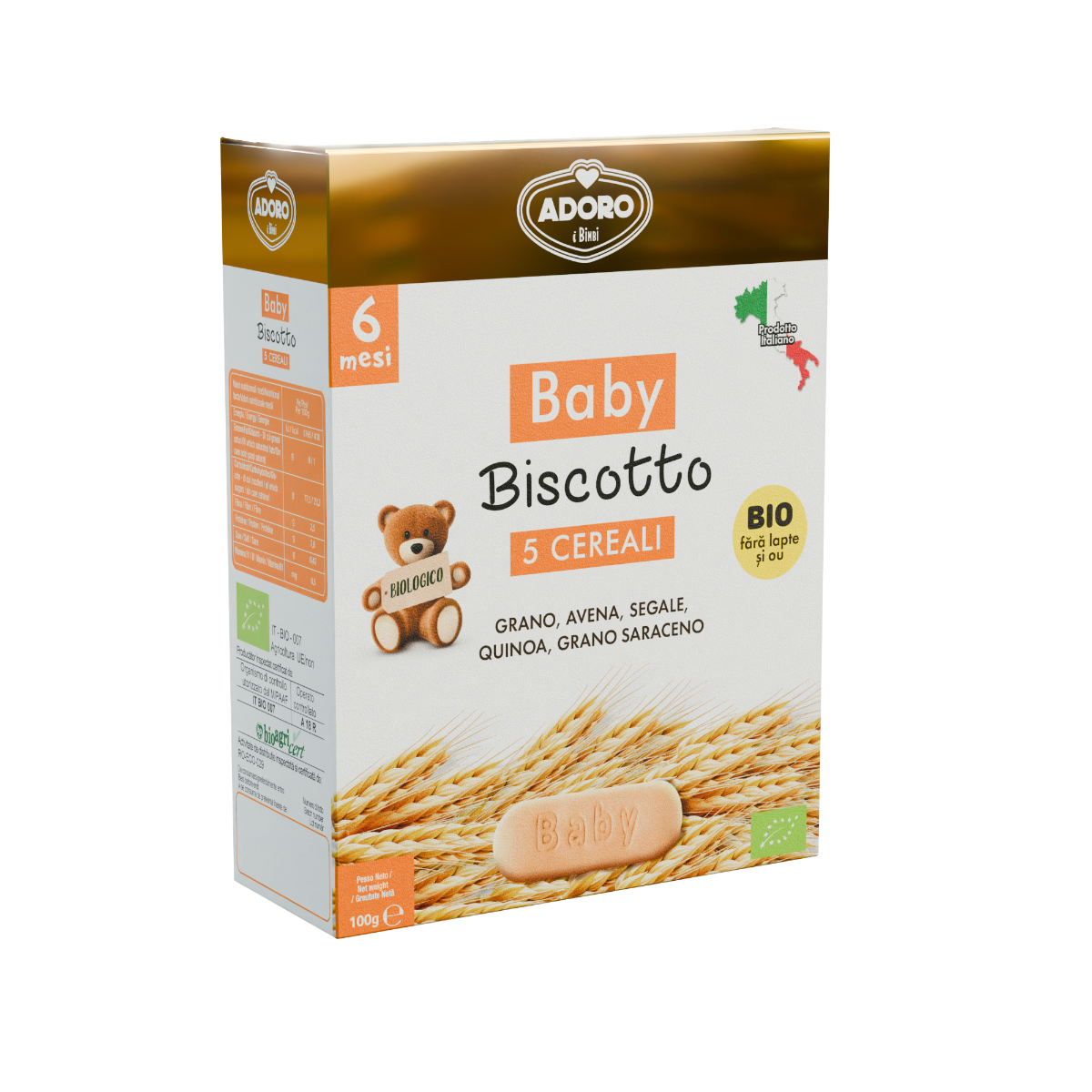 Biscuiti pentru bebelusi Bio 5 Cereale, 100g, Adoro Bimbi