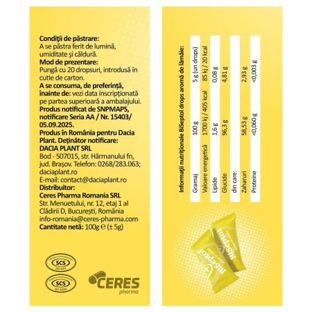 BiSeptol Drops aroma de lamaie, cu eucaipt, propolis si ghimbir, 100g - Dacia Plant - poza 1
