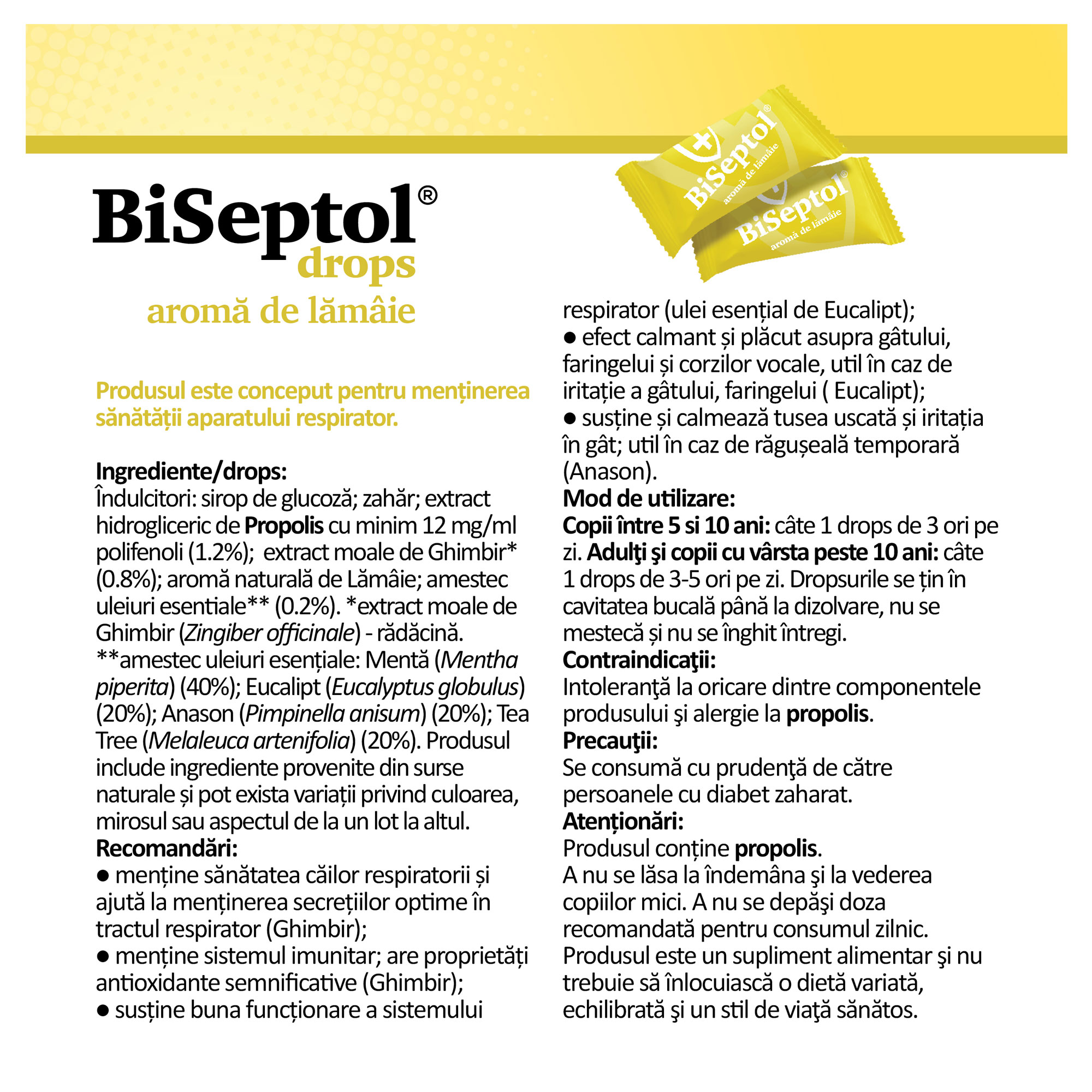 BiSeptol Drops aroma de lamaie, cu eucaipt, propolis si ghimbir, 100g - Dacia Plant - poza 2