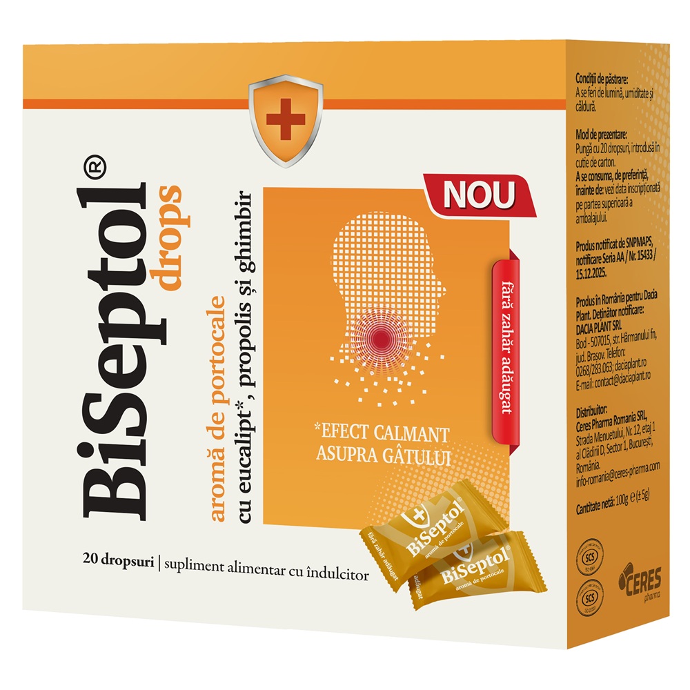 Biseptol drops cu aroma de portocale, cu eucalipt, propolis si gihmbir, fara zahar, 20 dropsuri - Dacia Plant - poza 1
