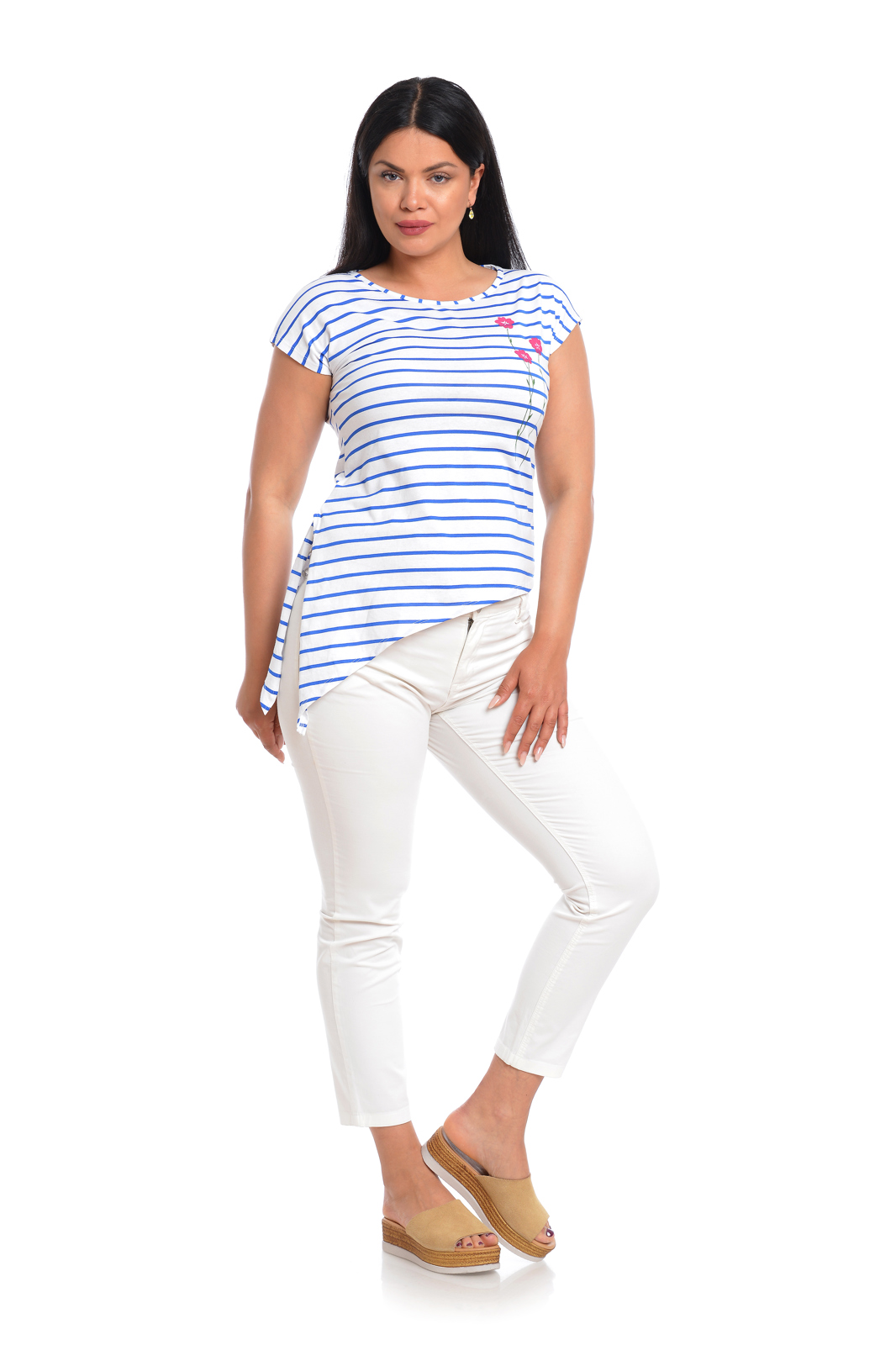 Bluza asimetrica ERV22B76 alb/albastru dungi, Eranthe | marimea S