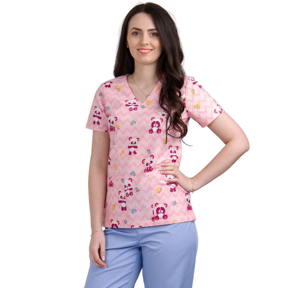 Bluza dama MIRA Imprimeu panda roz - Uniforma Medicala