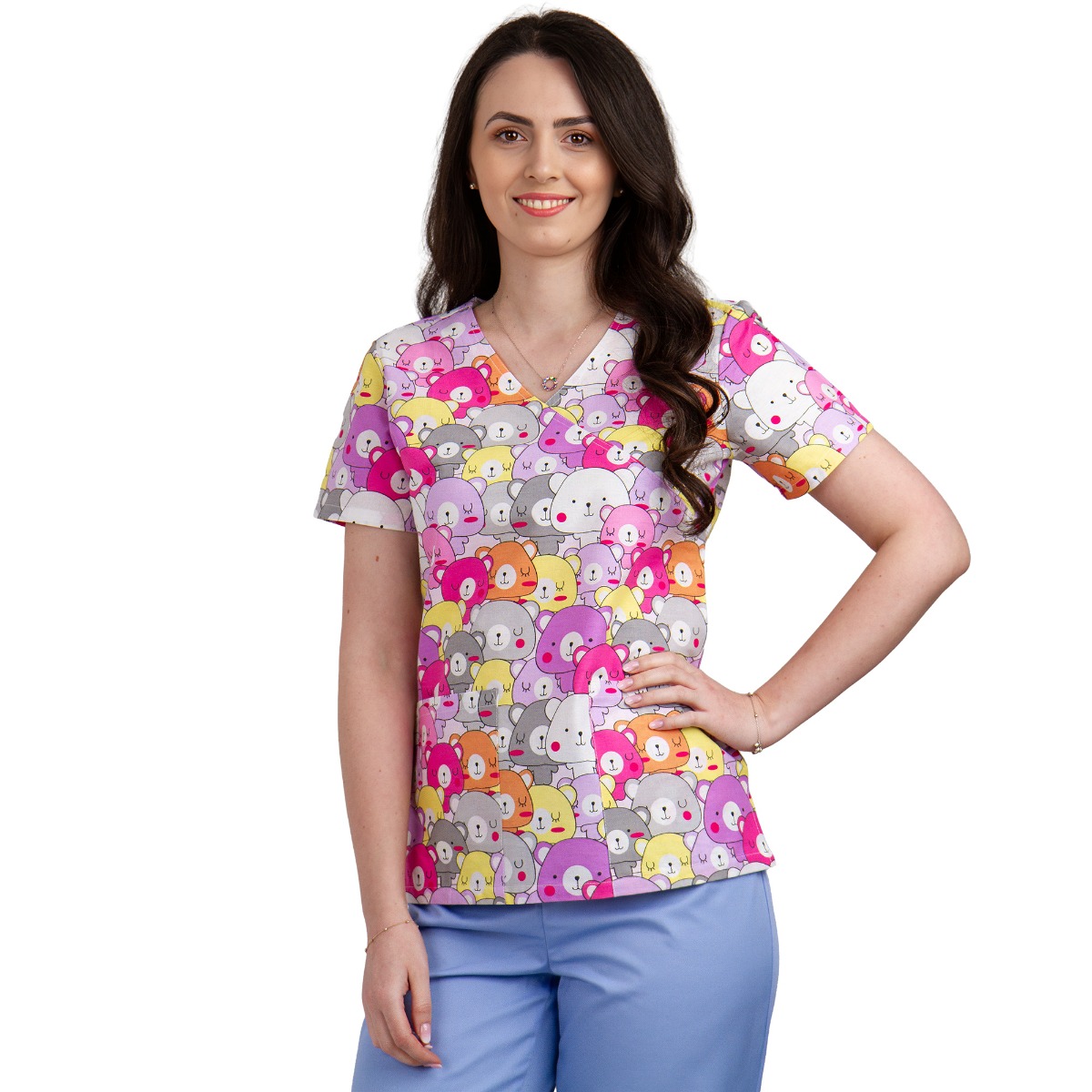 Bluza dama MIRA Imprimeu urs multicolor roz, XS - Uniforma Medicala