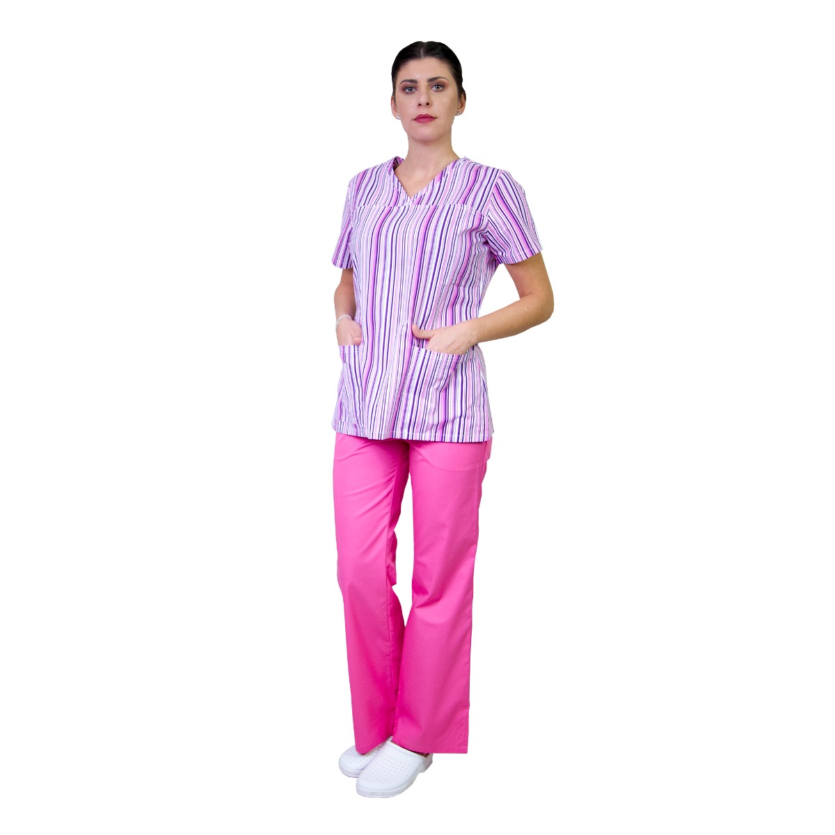 Bluza dama TINA Imprimeu dungi mov, XS - Uniforma Medicala