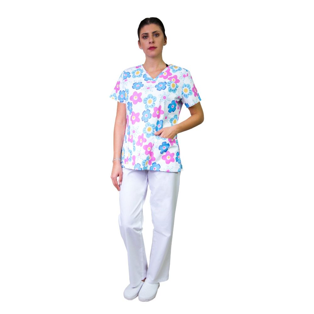 Bluza dama TINA Imprimeu flori albastre/roz - Uniforma Medicala