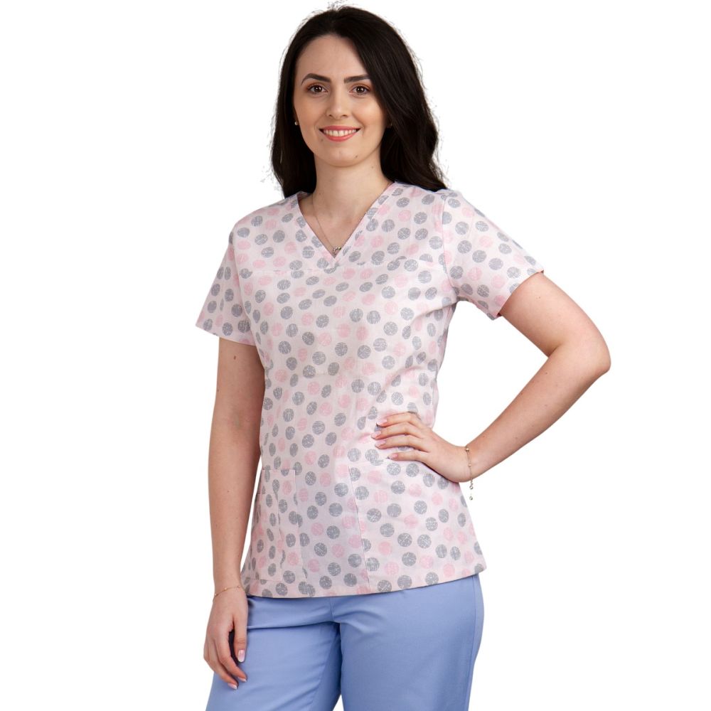 Bluza dama TINA Imprimeu roz cu buline - Uniforma Medicala