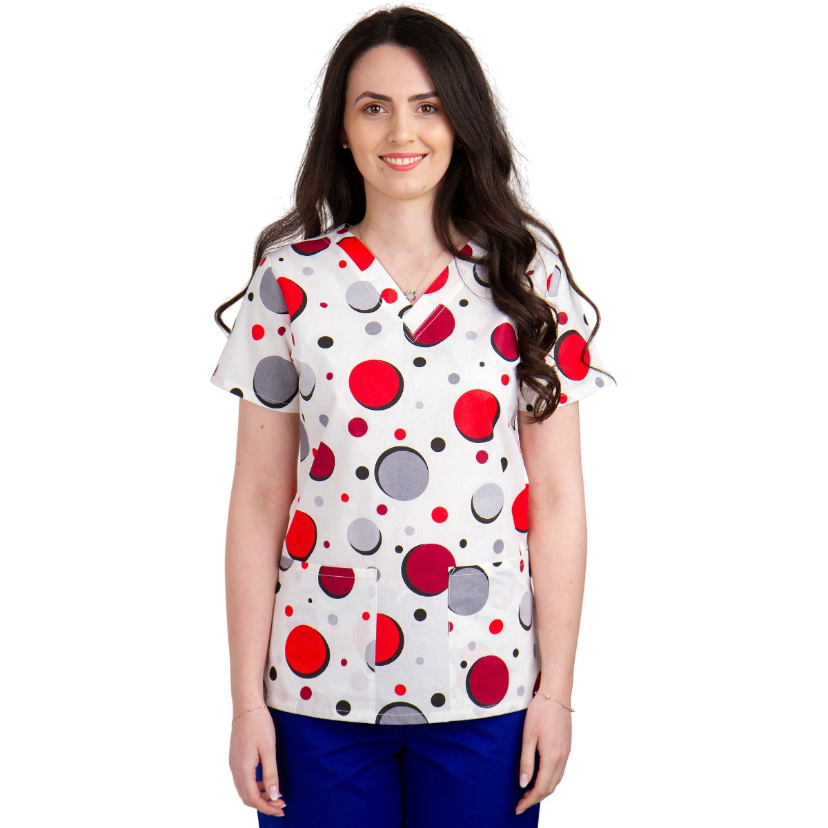 Bluza medicala dama CLARA Imprimeu, maneca scurta, 2 buzunare, buline, XS