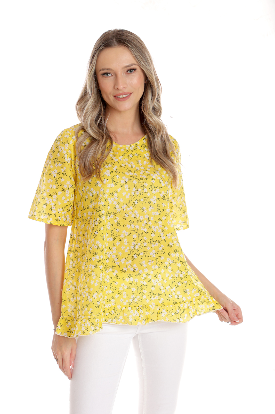 Bluza volanas CV25044 galben microfloral, Cesy | marimea XXL