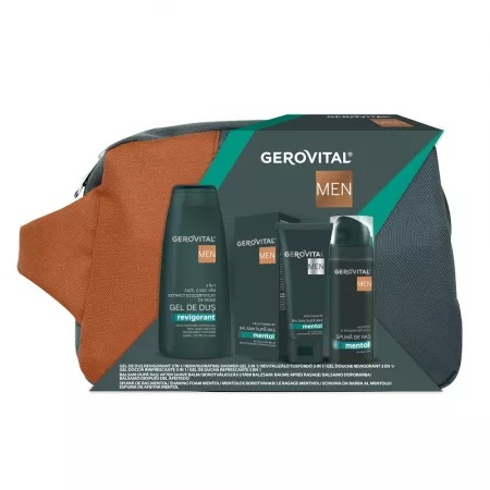 Borseta cadou cu Balsam dupa ras, 100ml + Spuma de ras mentol, 200ml + Gel de dus Revigorant 3in1, 400ml, 4443, Gerovital Men