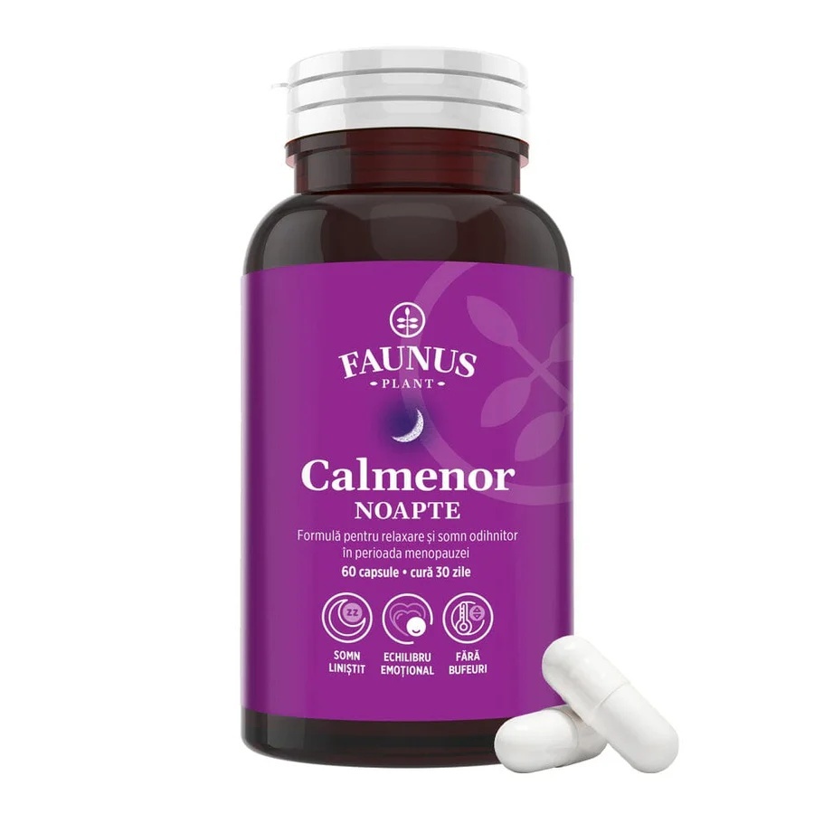 Calmenor Noapte – Formulă naturală cu plante, vitamine și melatonină pentru somn odihnitor și confort în menopauză. Flacon 60 capsule - poza 1