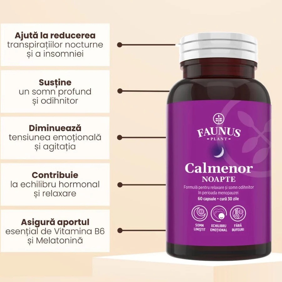 Calmenor Noapte – Formulă naturală cu plante, vitamine și melatonină pentru somn odihnitor și confort în menopauză. Flacon 60 capsule - poza 3
