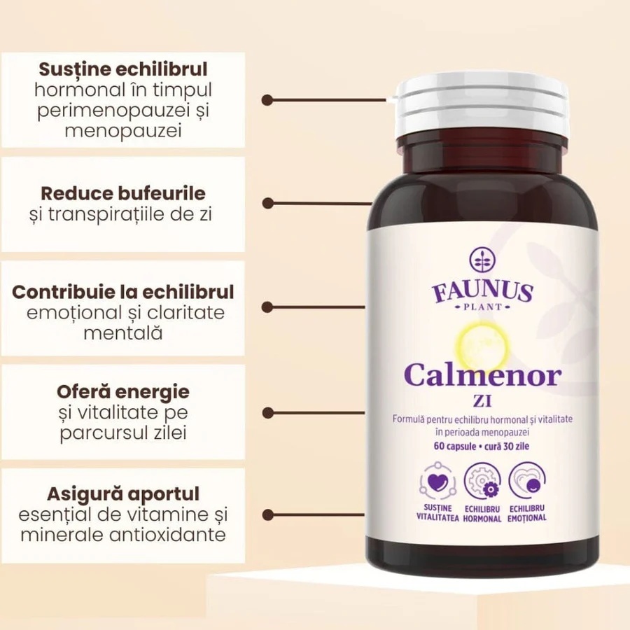 Calmenor Zi – Formulă naturală cu plante, vitamine și minerale pentru vitalitate, claritate mentală și confort în menopauză. Flacon 60 Capsule - poza 3