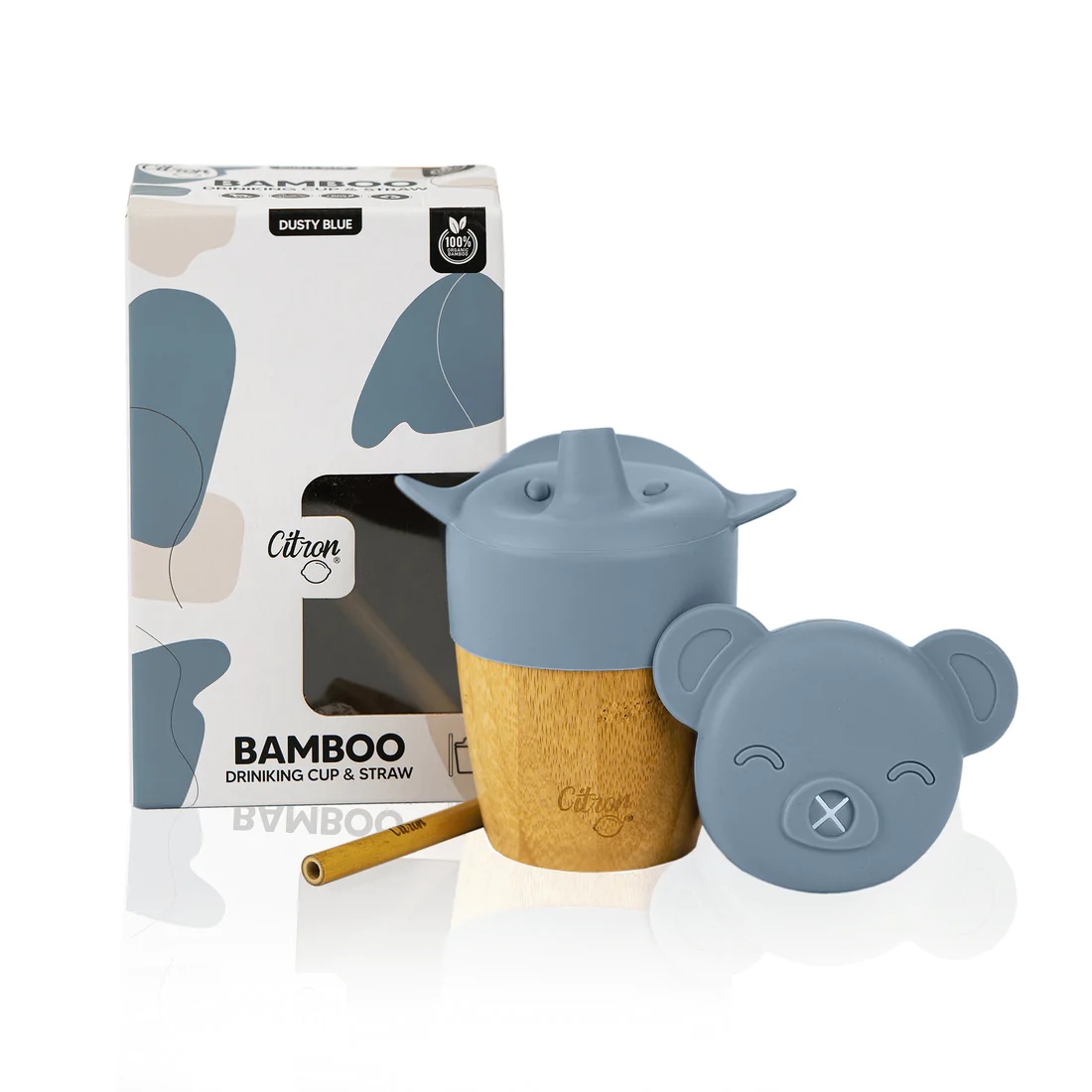 Cana din bambus cu pai si capac - Dusty Blue, 180ml, Citron