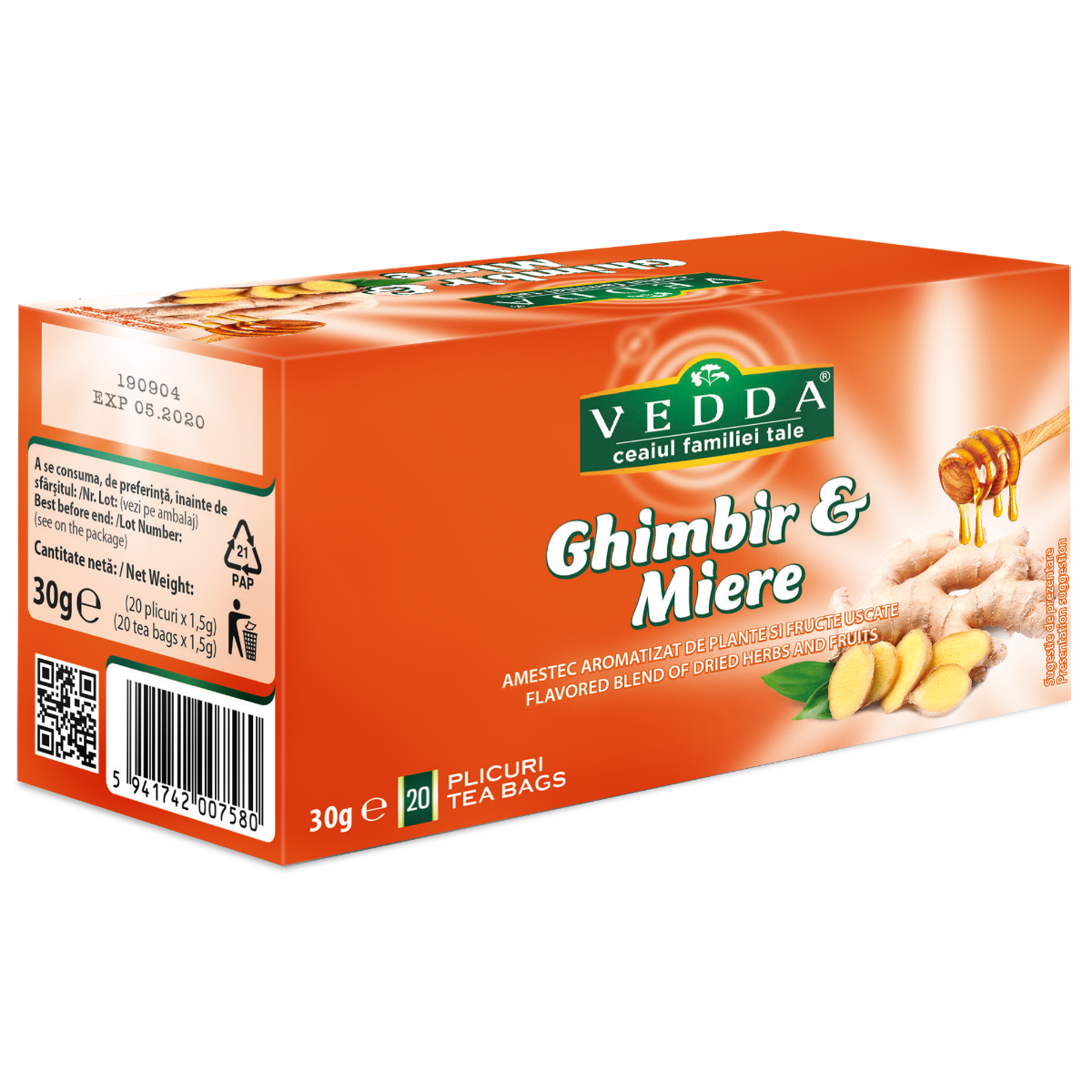 Ceai de ghimbir si miere, 20 plicuri, Vedda