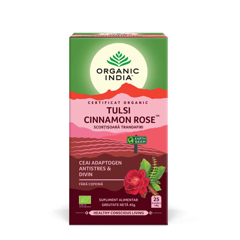 Ceai Tulsi (Busuioc Sfant) Scortisoara Trandafiri - Ceai Adaptogen Antistres si Divin, eco, 25 de plicuri, Organic India