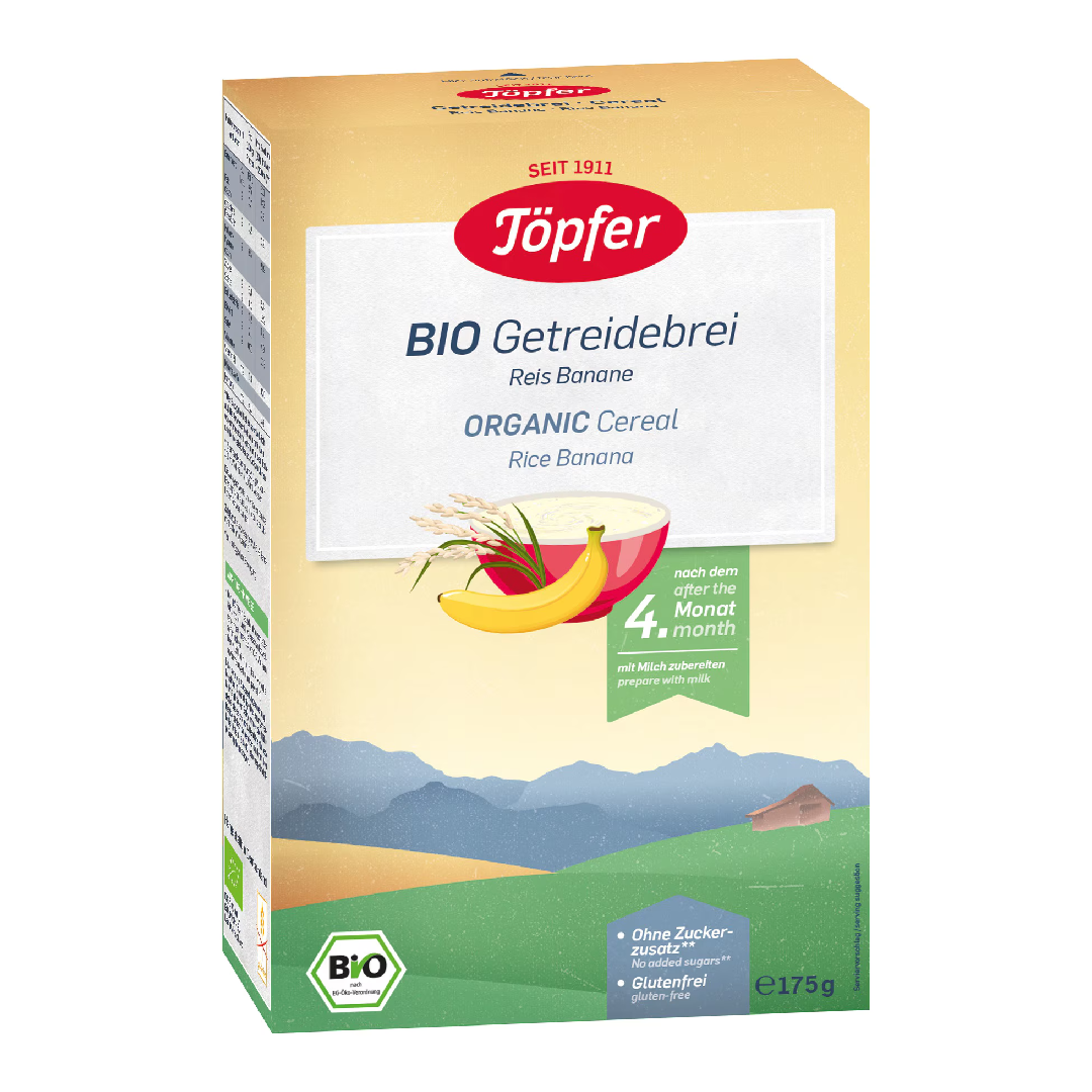 Cereale BIO cu orez si banane, 5+ luni, 175 g, Topfer