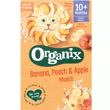 Cereale musli cu banane, piersici si mar bio, +10 luni, 200g, Organix