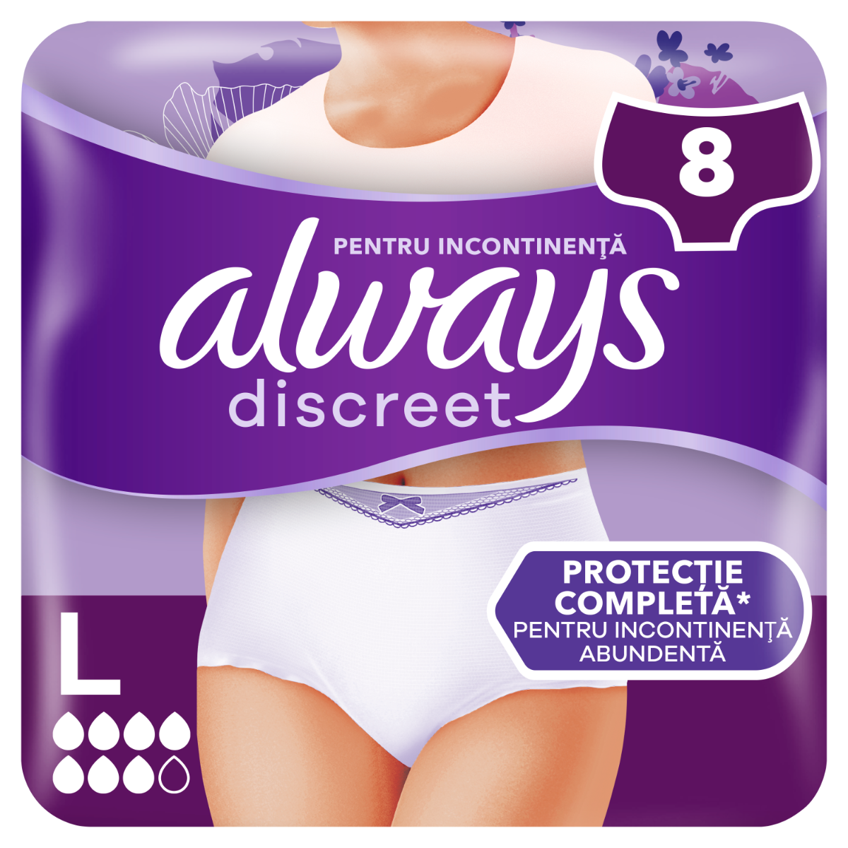 Chiloti pentru incontinenta urinara Discreet 7 picaturi L, 8 bucati, Always