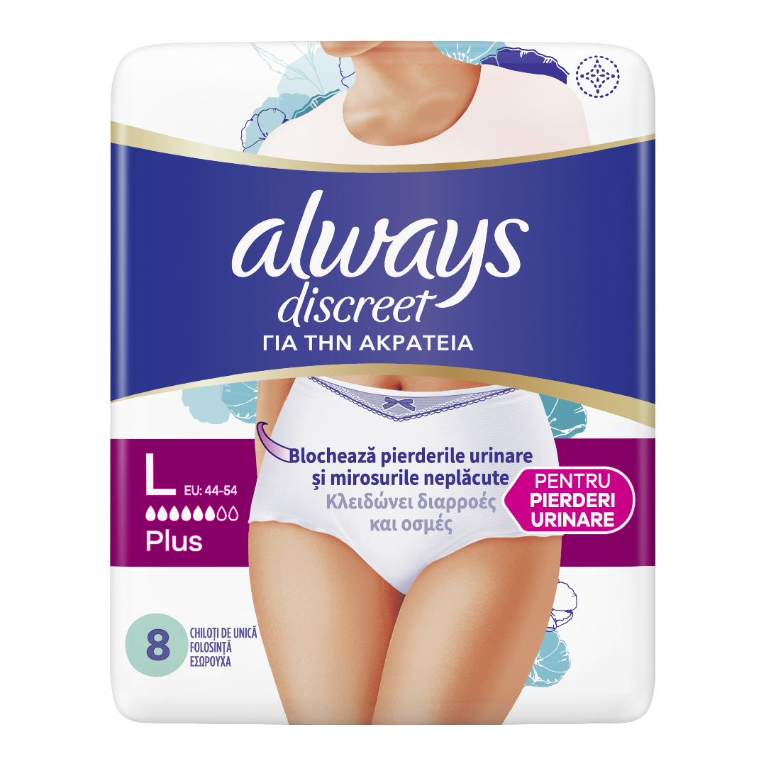 Chiloti pentru incontinenta urinara Discreet Plus, 6 picaturi, Marimea L, 8 bucati, Always