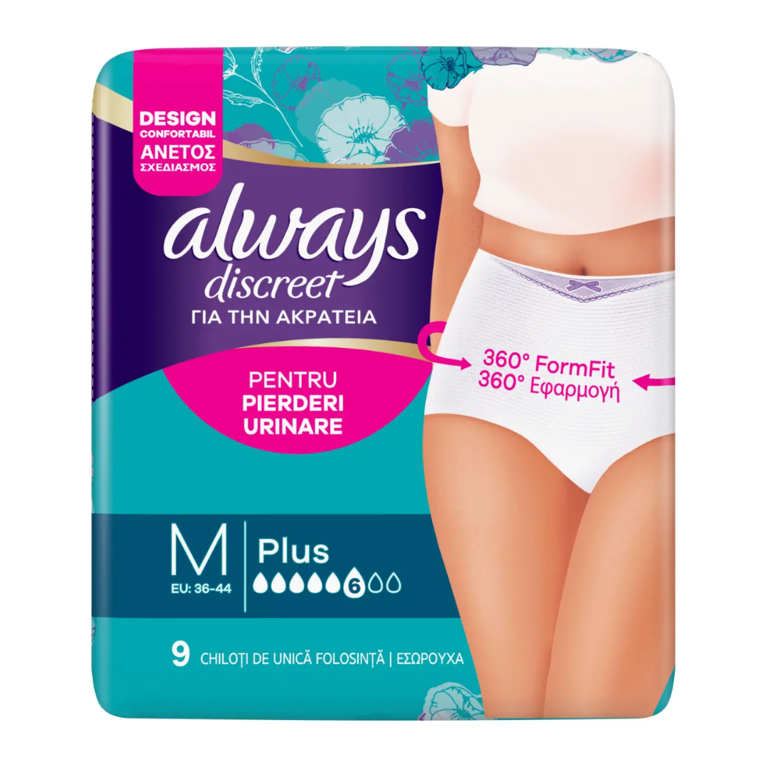 Chiloti pentru incontinenta urinara Discreet Plus, 6 picaturi, Marimea M, 9 bucati, Always