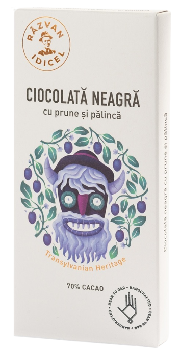 Ciocolata neagra 70% cacao cu prune si palinca, 80g, Razvan Idicel