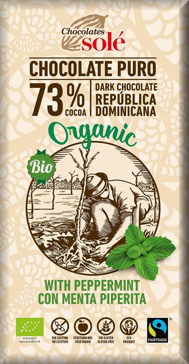 Ciocolata neagra cu menta si Fairtrade 73% cacao, eco-bio, 100g, Sole - poza 2