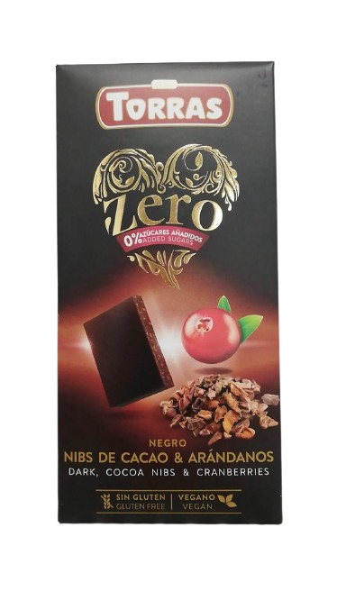 Ciocolata neagra cu merisoare fara zahar si gluten 52% cacao Zero, 125g, Torras