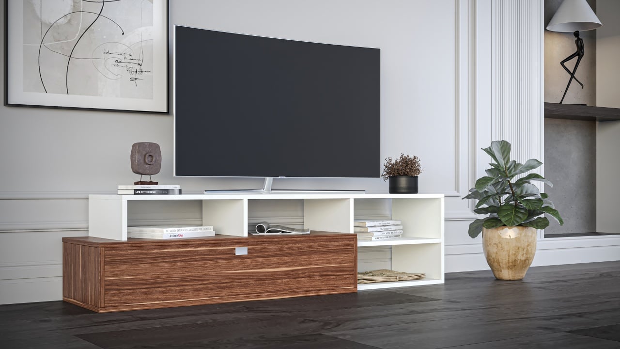 Comodă TV cu sertar și rafturi – design modern, culoare alb & nuc - poza 1