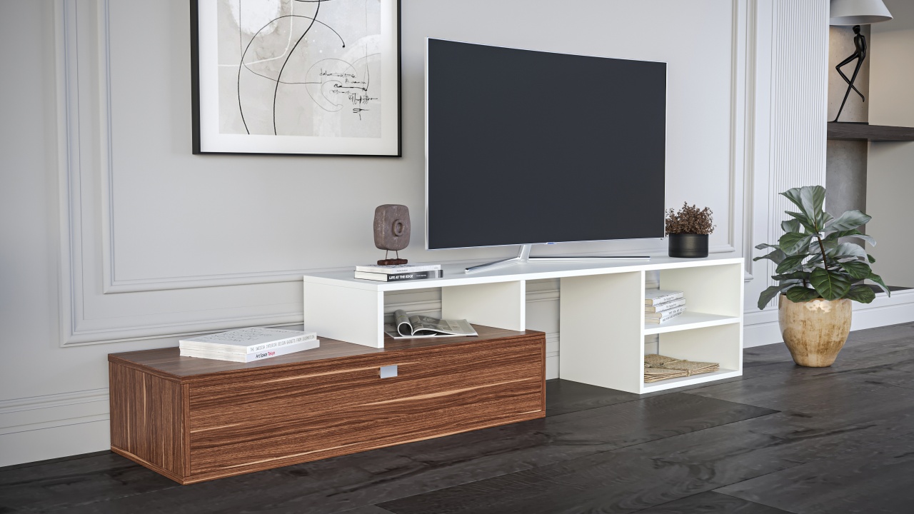 Comodă TV cu sertar și rafturi – design modern, culoare alb & nuc - poza 2