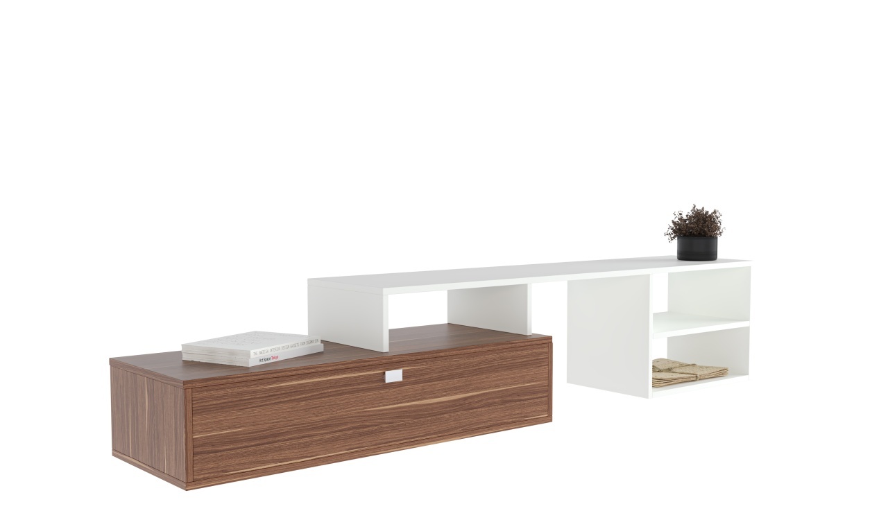 Comodă TV cu sertar și rafturi – design modern, culoare alb & nuc - poza 3