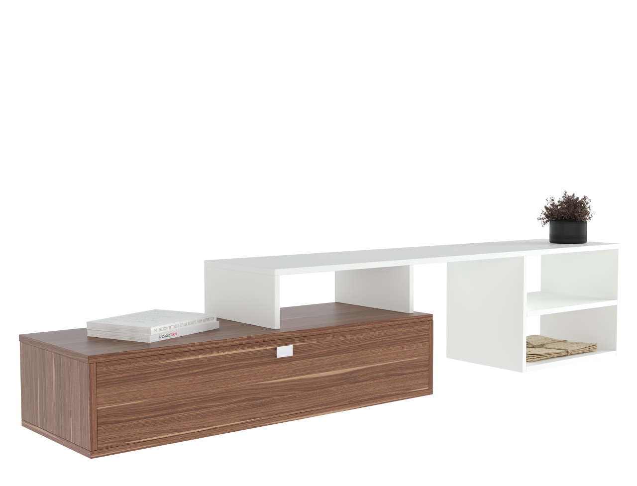 Comodă TV cu sertar și rafturi – design modern, culoare alb & nuc - poza 4