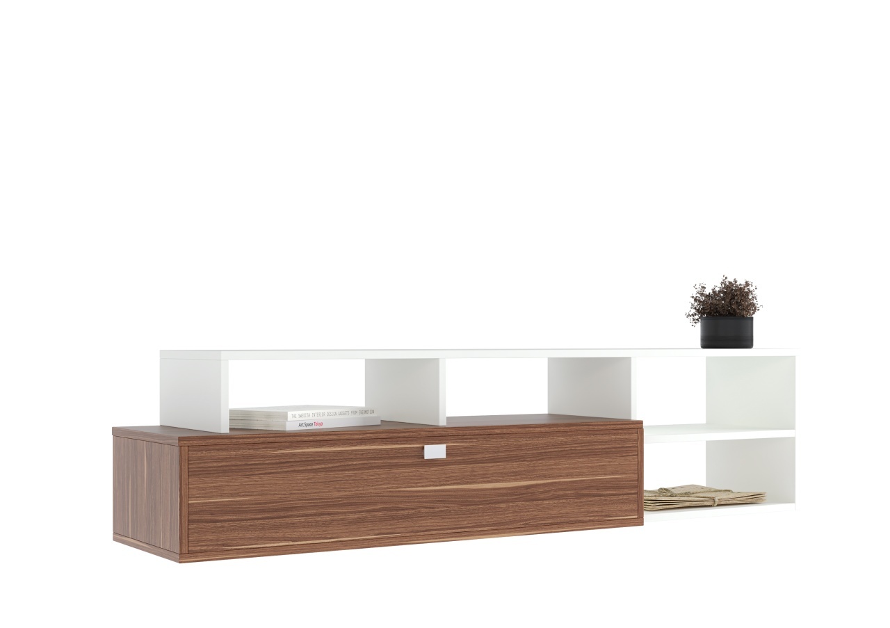 Comodă TV cu sertar și rafturi – design modern, culoare alb & nuc - poza 5