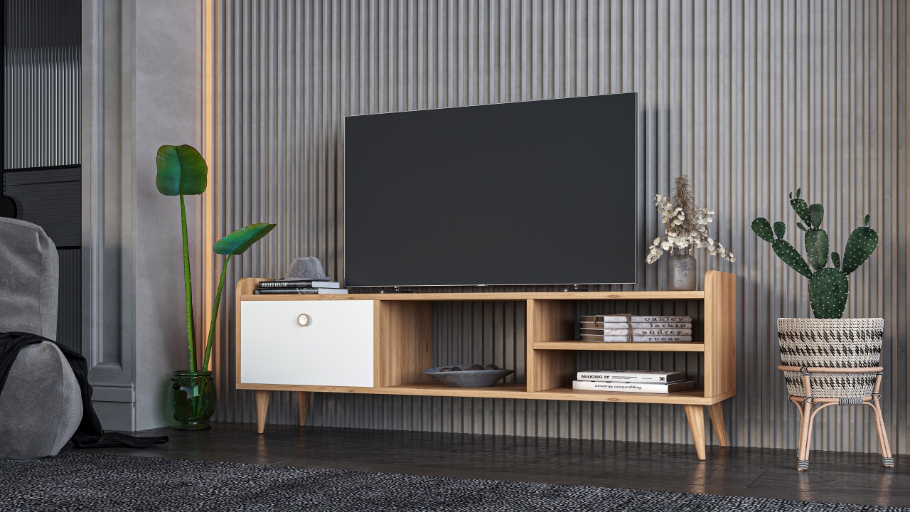 Comodă TV, culoare stejar/alb – design scandinav cu spații de depozitare - poza 1