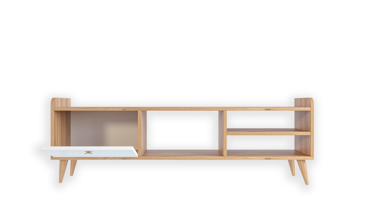 Comodă TV, culoare stejar/alb – design scandinav cu spații de depozitare - poza 2