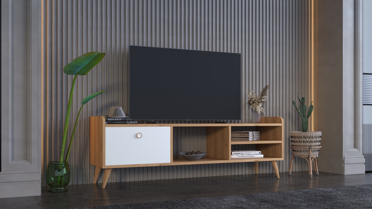 Comodă TV, culoare stejar/alb – design scandinav cu spații de depozitare - poza 3