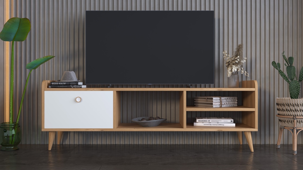 Comodă TV, culoare stejar/alb – design scandinav cu spații de depozitare - poza 4