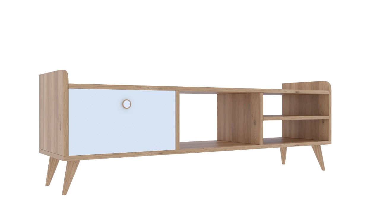 Comodă TV, culoare stejar/alb – design scandinav cu spații de depozitare - poza 5