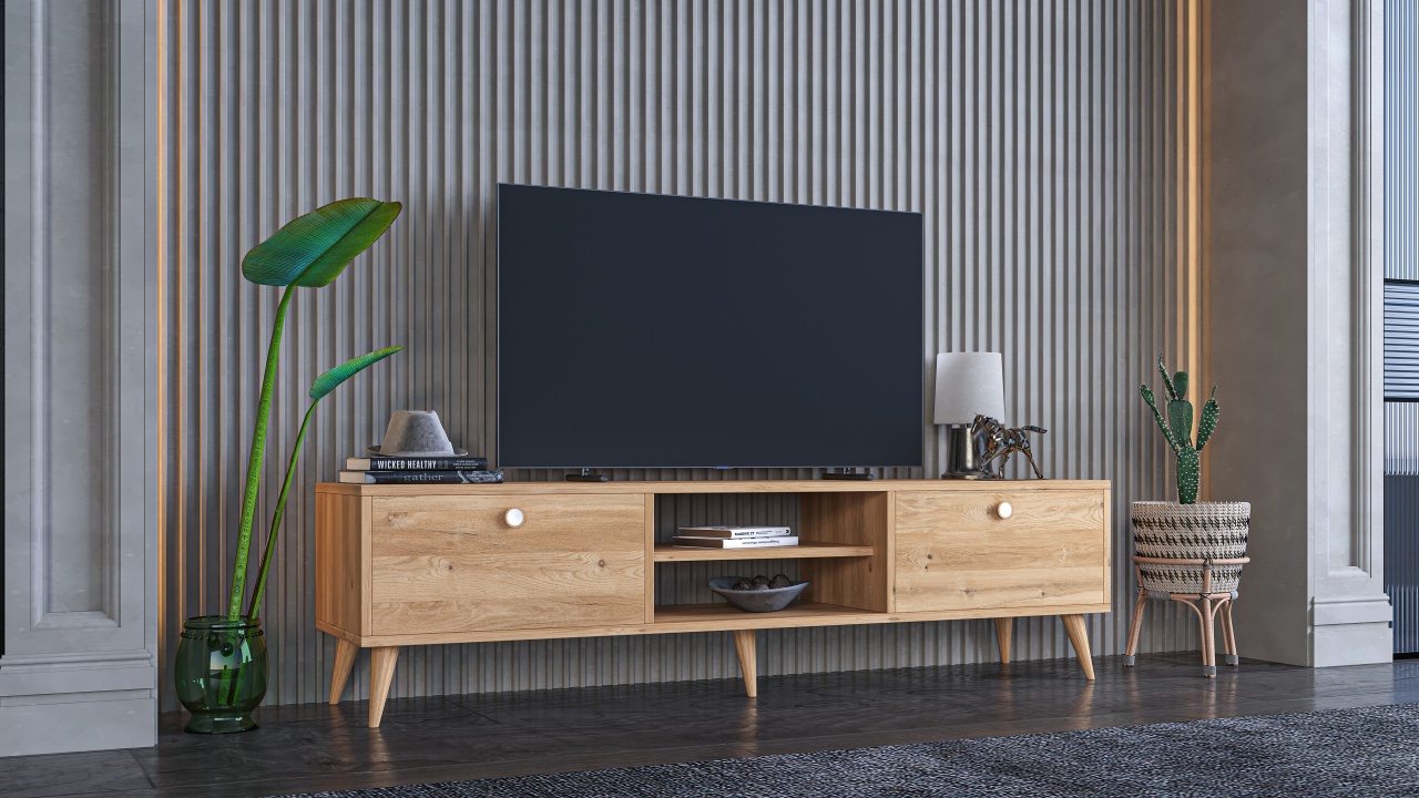 Comodă TV din lemn masiv cu spații de depozitare și design scandinav