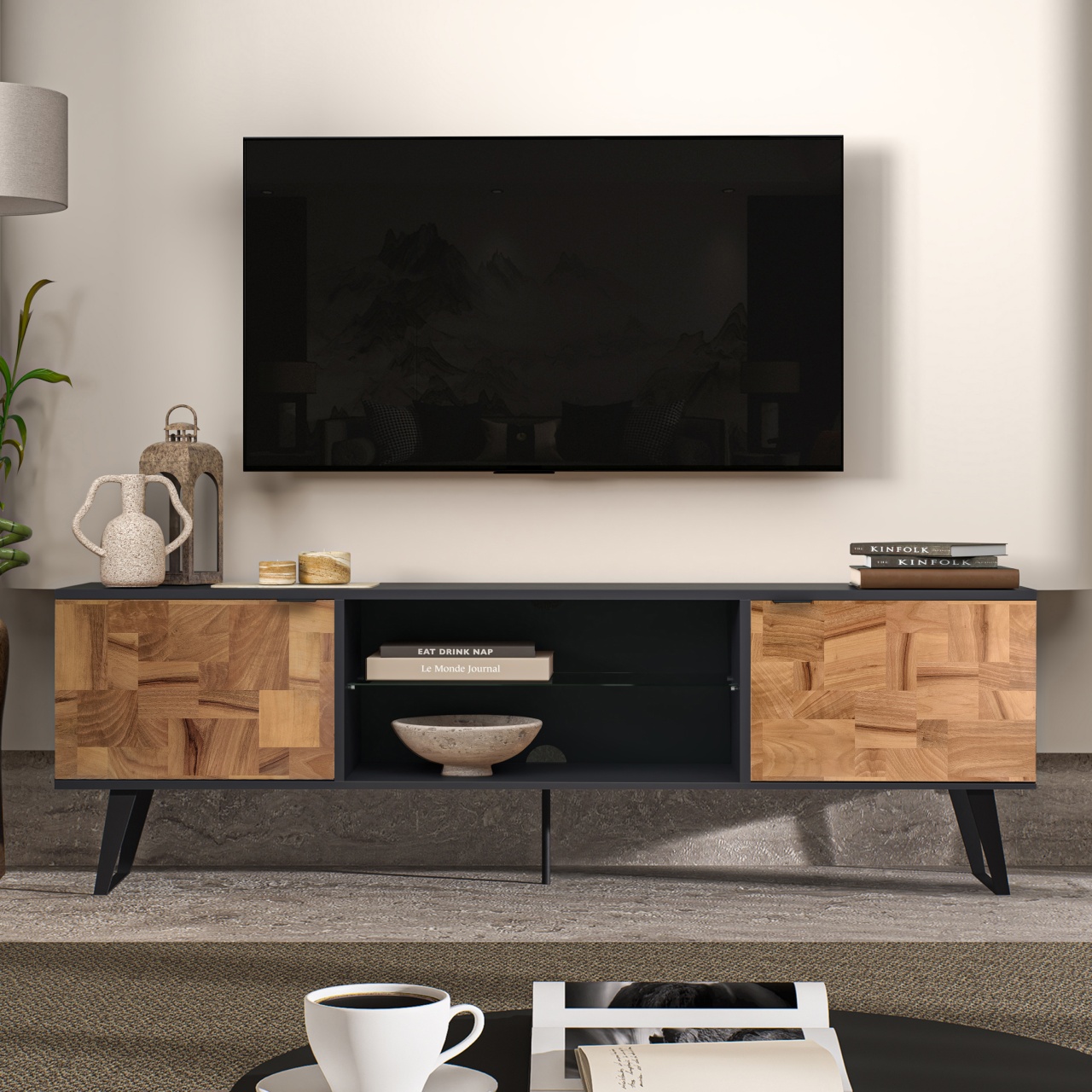 Comodă TV modernă, culoare antracit, cu uși din lemn și picioare metalice, design modern și suport pentru TV până la 85” - poza 1